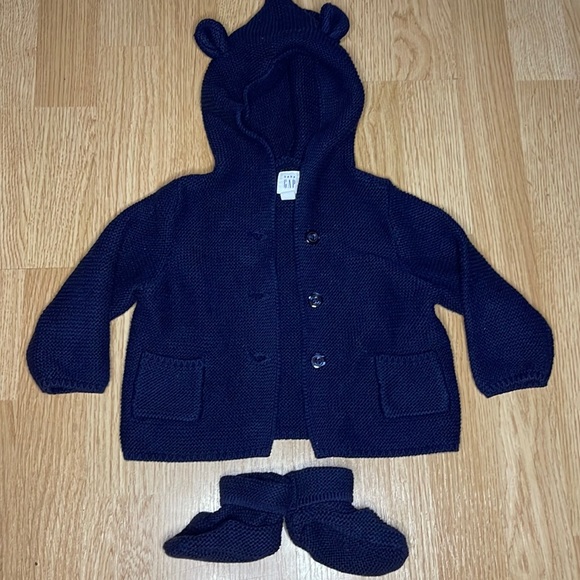 Baby gap teddy bear button up coat with booties navy blue 6-12m - Picture 1 of 7